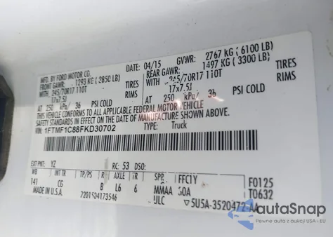 2015 Ford F-150 Xl z USA, uszkodzony, nr VIN 1FTMF1C88FKD30702